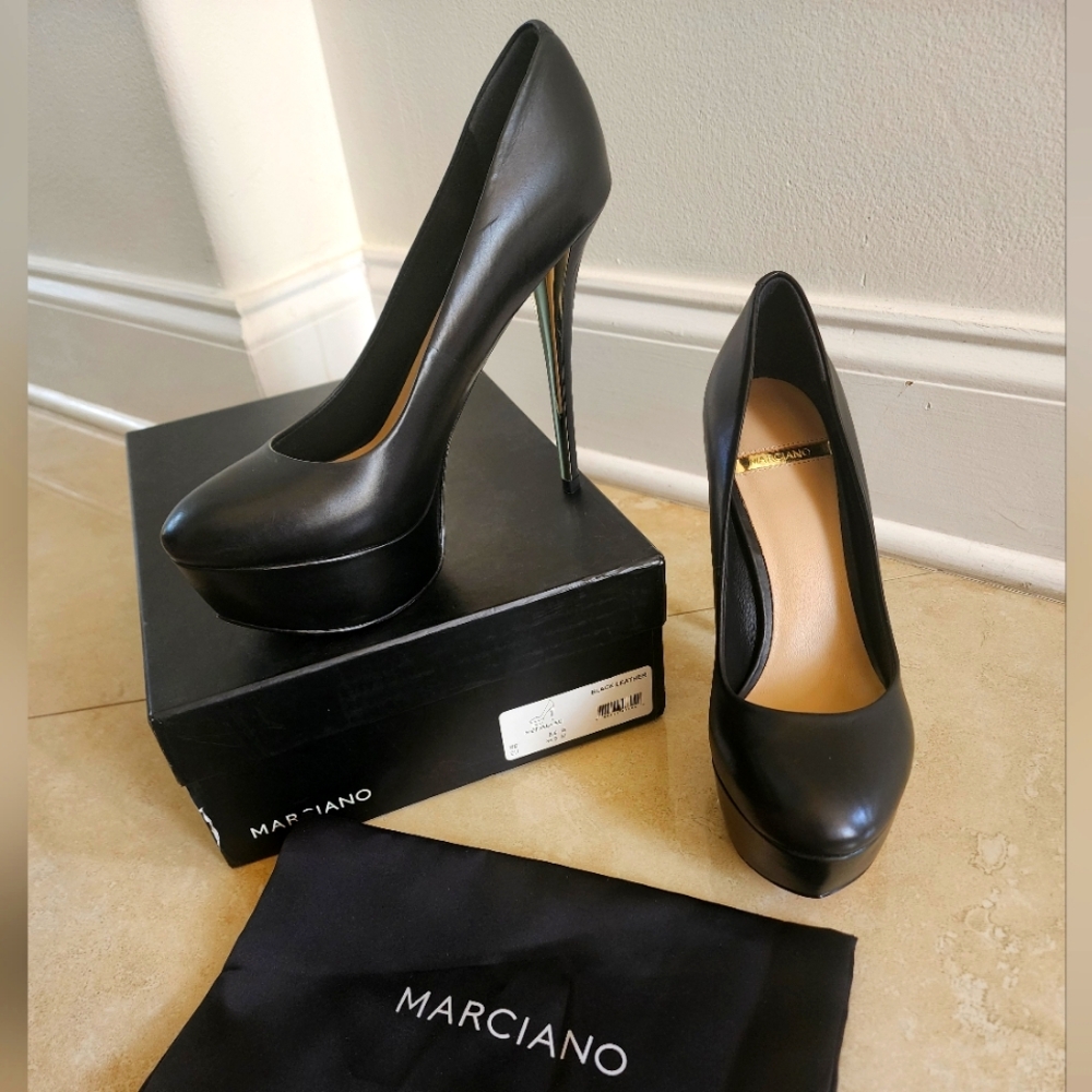 Marciano Black Leather Ethela Platform Heels, Size 8.5